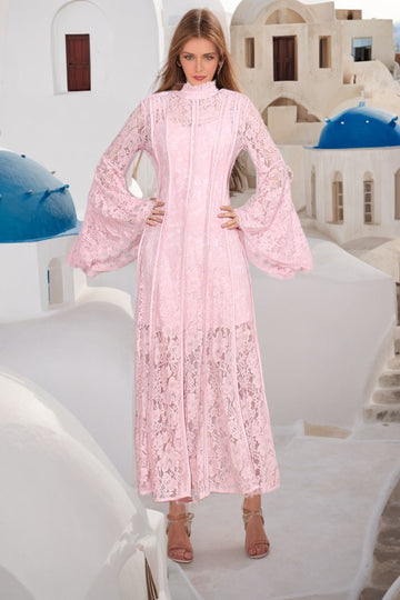 Woochic robe longue à volants dentelle manches évasées brodée plissée rose S